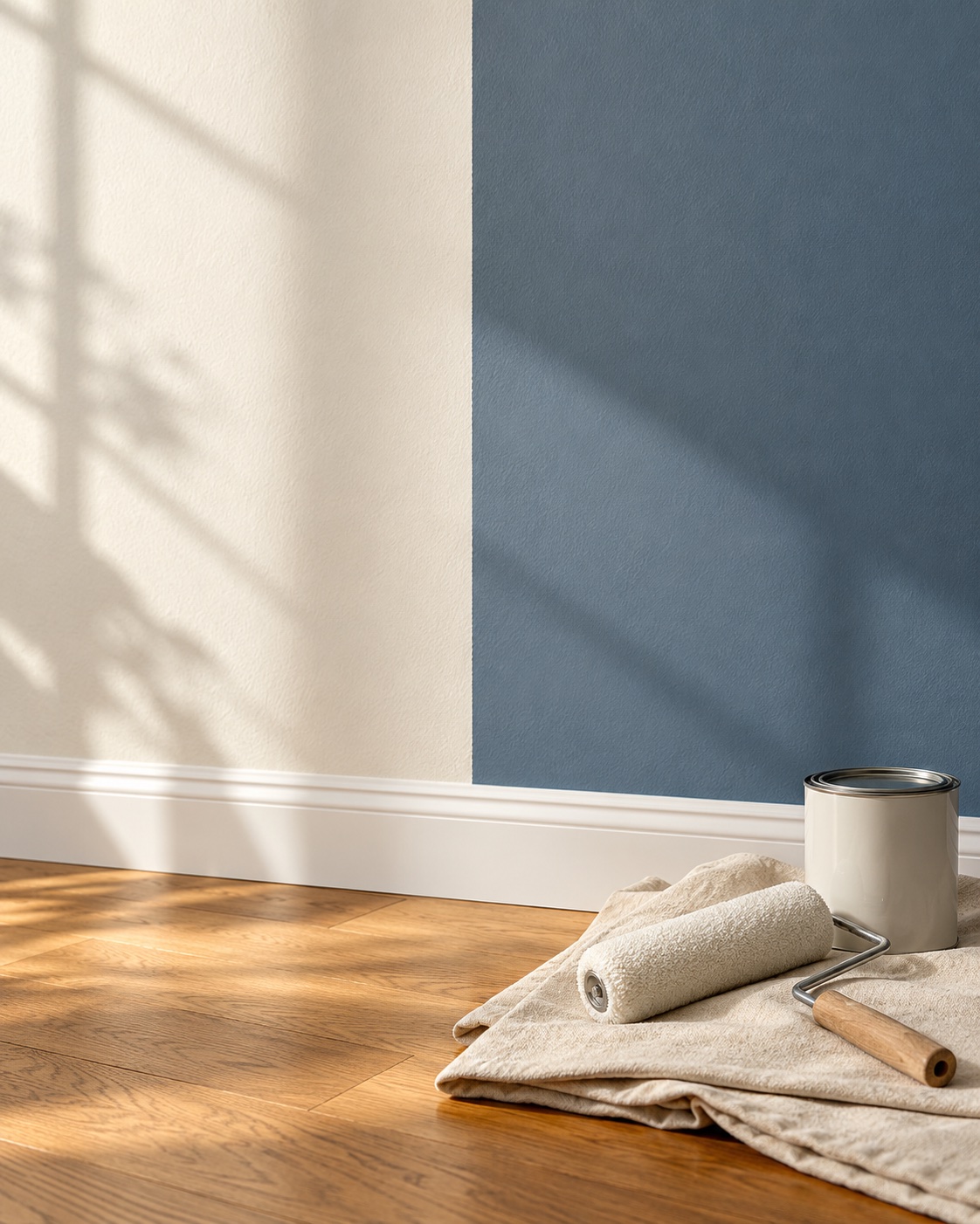 Illustrative paint study: slate and ivory walls in soft daylight, with a roller and canvas cloth